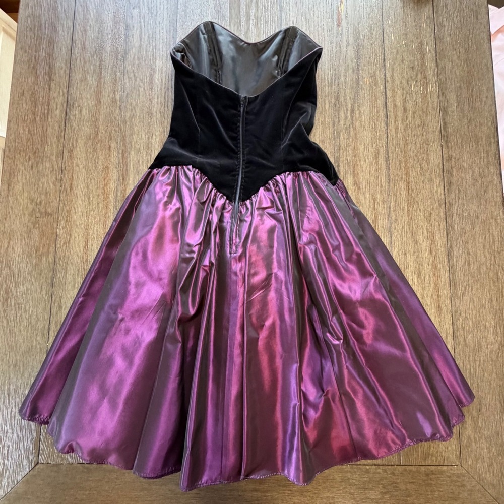 Laura Ashley Vintage 80s Strapless Velvet Taffeta Party Dress Black Purple - Picture 2 of 13